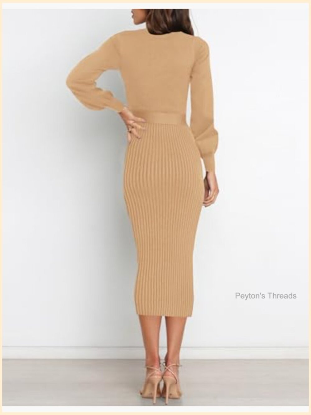Womens Ribbed Knit Bodycon Midi Sweater Dress Puff Long Sleeve Work - Picture 4 of 7